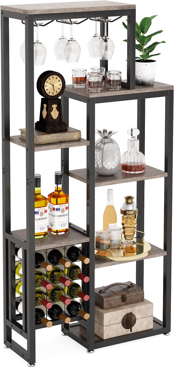 Novendo Goods - Industrieel vrijstaand wijnrek met 5 lagen | Wijnkast met glazenhouder & 12-flessen opslag - Multifunctionele wijn organizer voor woonkamer, hal & bar