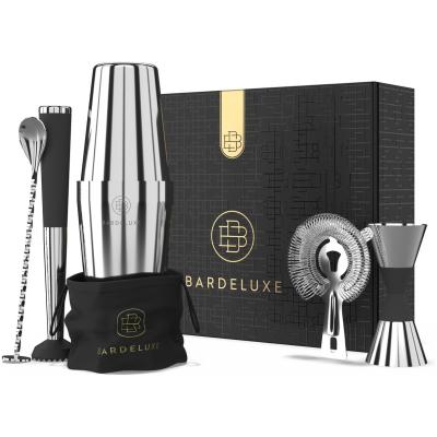 BarDeluxe® Cocktail Shaker Set - 5-Delig Boston Shaker - Cocktail Set met Stamper, Zeef, Barlepel & Receptenboek - Cadeau voor Mannen & Vrouwen - Zilver