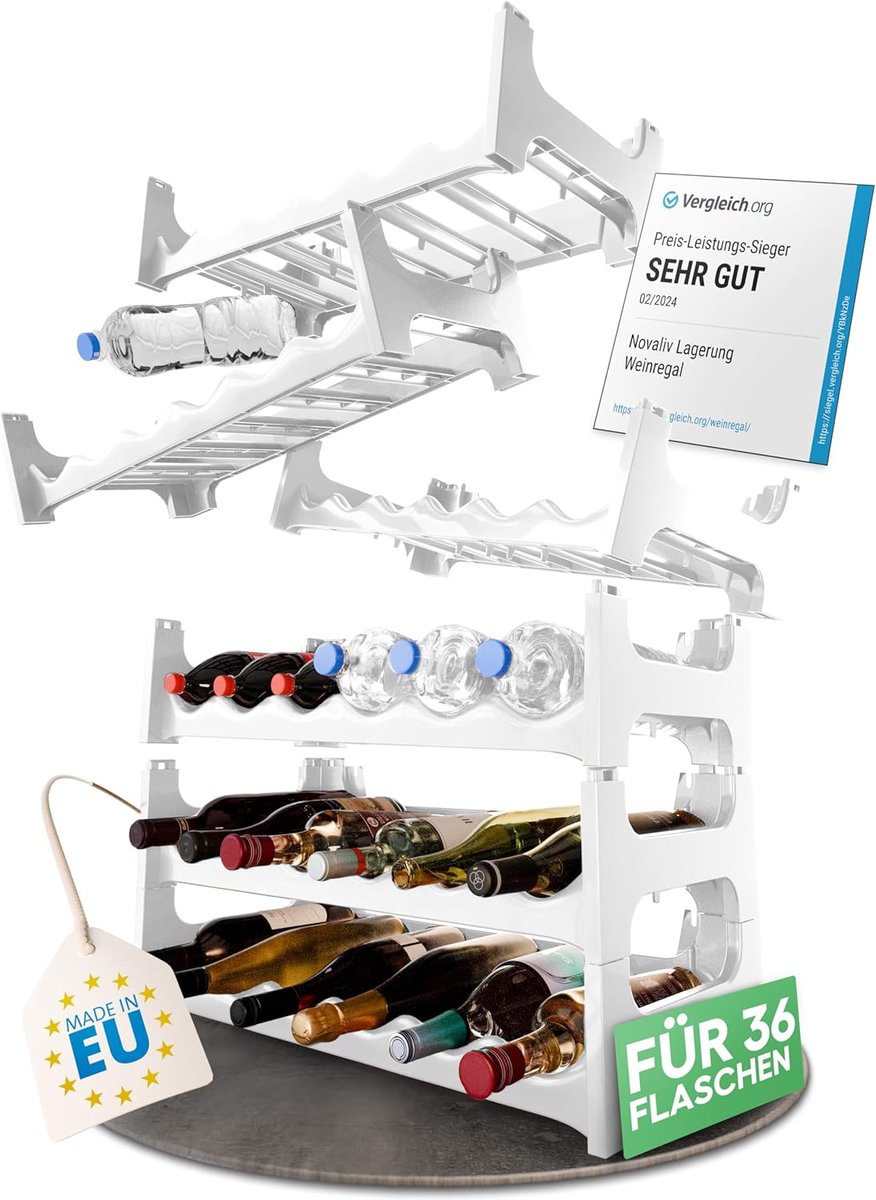 Flessenrek voor 36 flessen van kunststof, uitbreidbaar, stapelbaar wijnrek, wit, drankenrek, flessenreksysteem, plank voor dranken, flessenkast, sterke drankrek