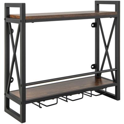 KOMFOTTEU Wijnrek voor aan de muur, flessenrek hout met metalen frame, decoratief wandrek met bekerhouder voor glazen, flessenhouder voor bar, keuken, woonkamer (60 x 20 x 55 cm)
