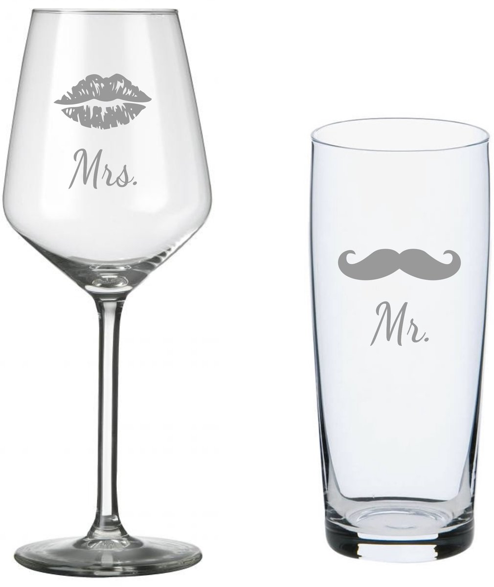 Set 2 stuks glazen met gravering - Wijnglas + Bierglas - Mrs. & Mr. - gegraveerde glazen - uniek cadeau - huwelijk - Valentijnscadeau - cadeau - glas graveren - bruidspaar - relatiegeschenk