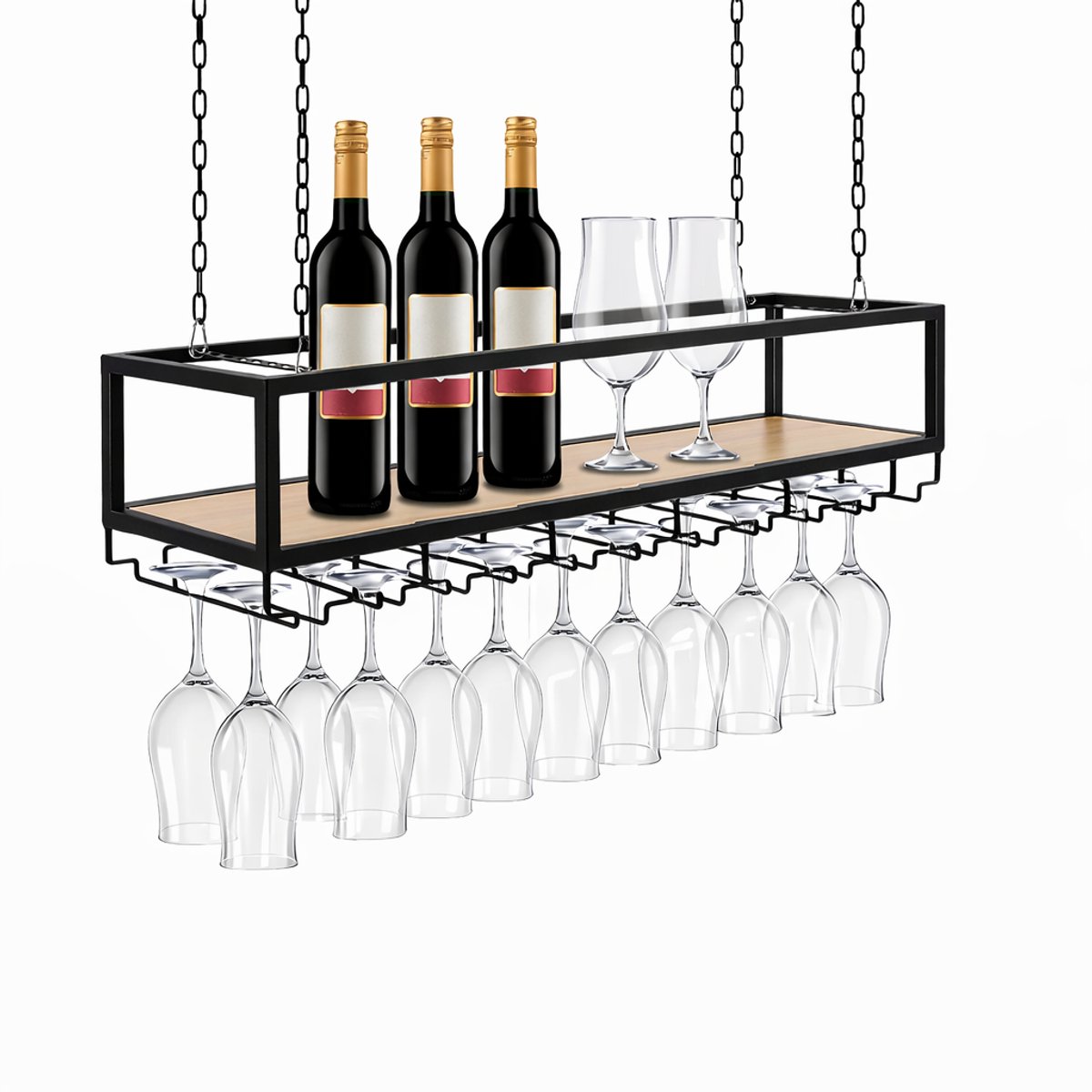 Sensova Plafond Wijnglasrek met Wijnfleshouder 110 cm - Vintage Hangend Drankkast met Glashouder en Kettingen - Industrieel Zwart Wijnrek voor Plafondmontage - Wijnopslag voor Bar, Keuken, Restaurant en Wijnkelder