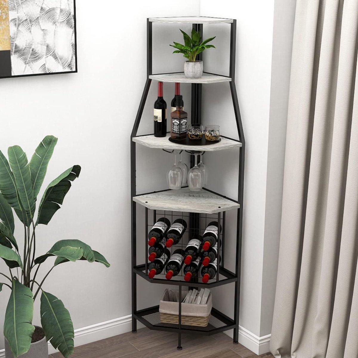 DD® Barkast - Drankkast - Barmeubel - Hoekrek met 5 Verdiepingen en Glashouder - Grijs - 36cm x 36cm x 171cm