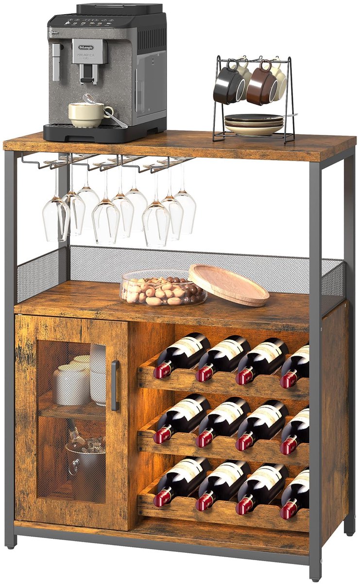 Triumpunpre Wijnkast - Vrijstaande Bar Kast met Wijnrek voor 16 Flessen, Glashouder en Mesh Deur - 72x35x90 cm - Wijnkabinet met Verstelbare Schappen - Retro Stijl Wijnmeubel voor Woonkamer, Keuken, Eetkamer