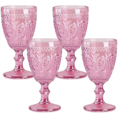Roze Wijnglazen - Gekleurd Glaswerk - Feestelijke Drankjes - Vintage Reliëf Design - 4 stuks - Roze