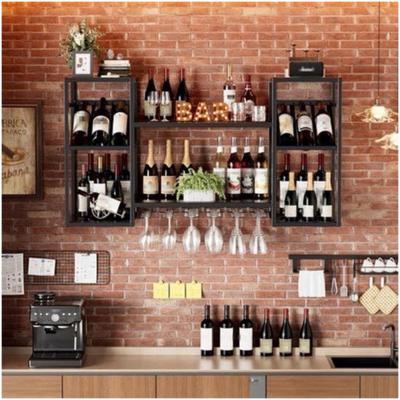 Wijnrek Wandplank - Wijnrek Muur - Glazenhouder Plank - Flessenrek Wand - 3-laags Wandrek - Ruimtebesparend Design - Sterk Metaal Met Hout